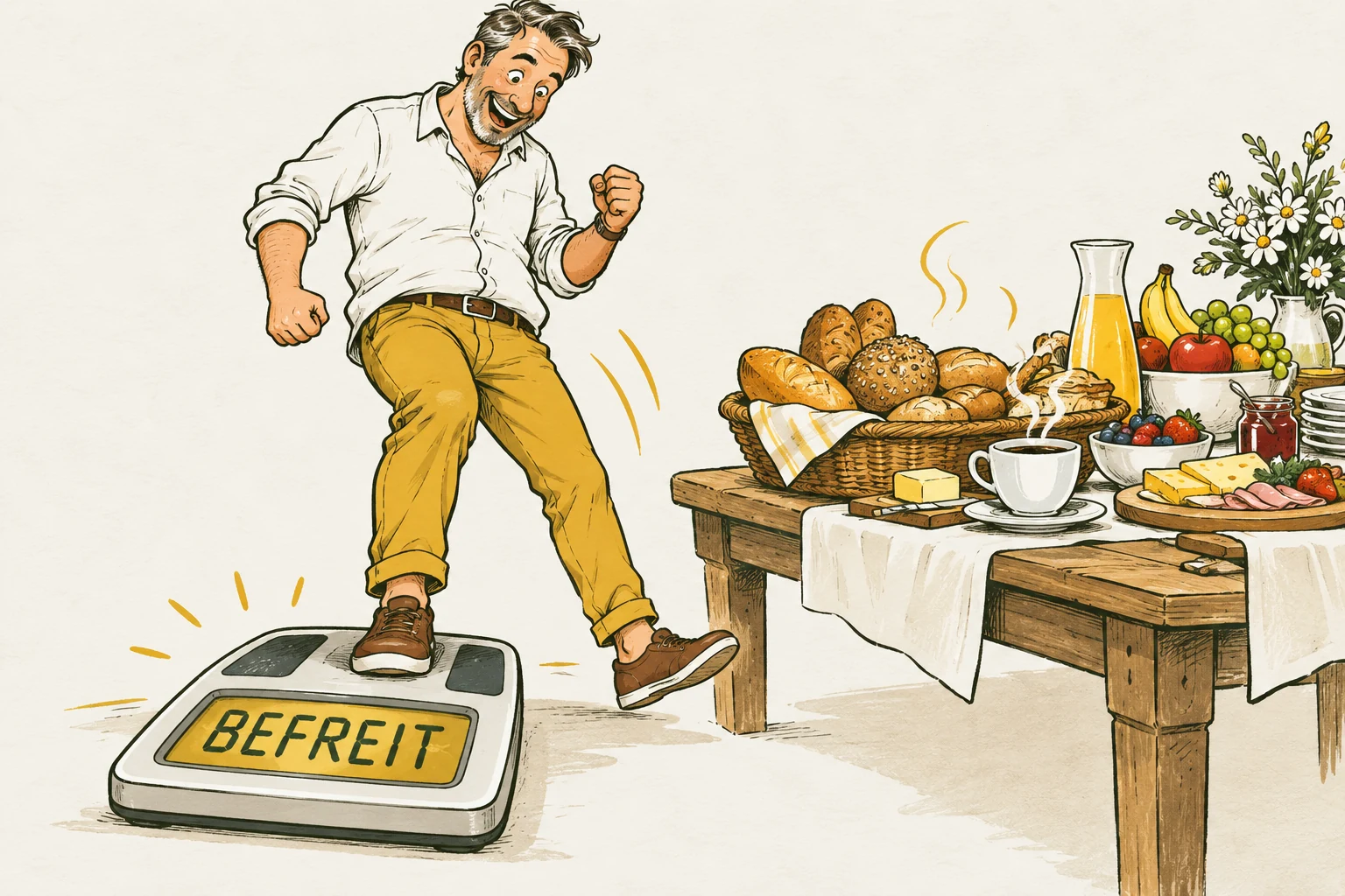 Ein Mann sieht BEFREIT auf seiner Waage und geht zum Buffet.